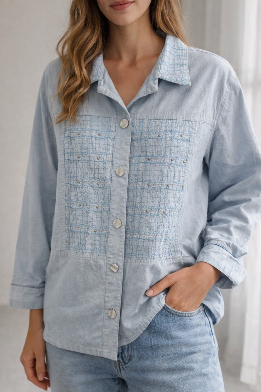 SAINT GERMAIN PARIS Vintage Blue Button Up Shirt Studded Embellished Top Y2K XS